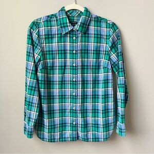 Talbots Plaid Button Up Shirt Women's XS Blue Green Cotton Preppy Classic Office